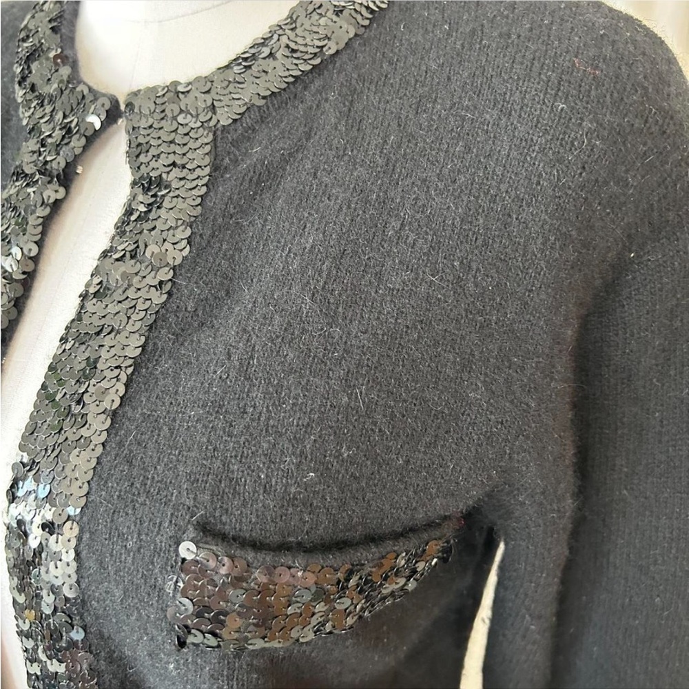 Vintage 1980s Evan-Picone Black Angora Wool Blend Sequin Cardigan Petite Small - Picture 3 of 8